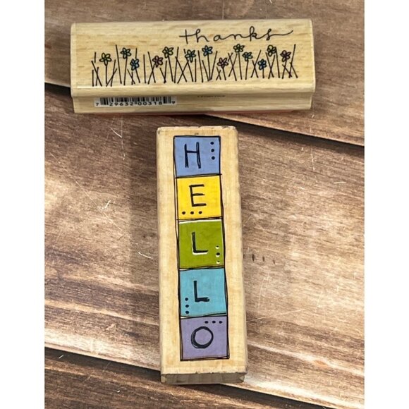 2006 STUDIO G HELLO & THANKS WOOD MOUNTED RUBBER STAMP SET OF 2 BY KOLETTE HALL - Picture 1 of 7